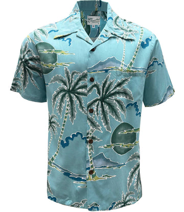UniJames Retro Scenic Palm - Aqua Short Sleeve Hawaiian Shirt