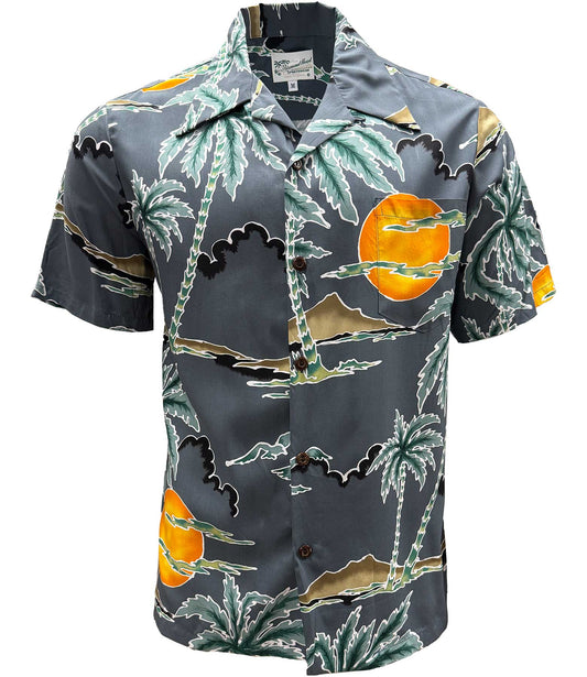 UniJames Retro Scenic Palm - Charcoal Short Sleeve Hawaiian Shirt