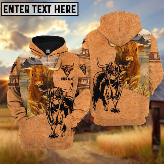 Uni Farm Personalized Name Highland Light Brown Pattern 3D Hoodie
