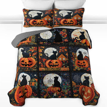 Uni All Season Quilt 3-Piece Set Black Cat Pumpkins Fall Love Peace