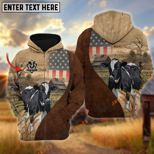 Uni Personalized Name Holstein Cattle USA Flag Hoodie