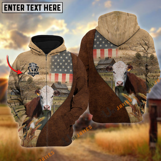 Uni Personalized Name Hereford Cattle USA Flag Hoodie