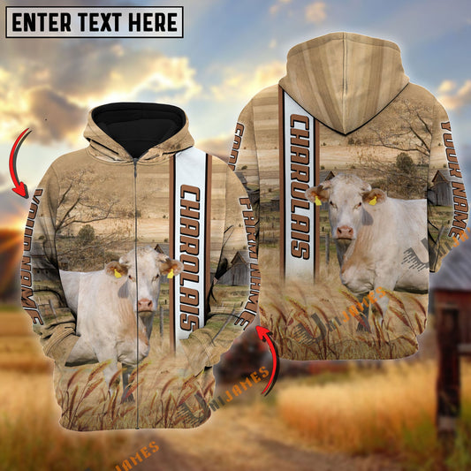 Uni Charolais Happy Farm Life Personalized Name, Farm Name 3D Hoodie
