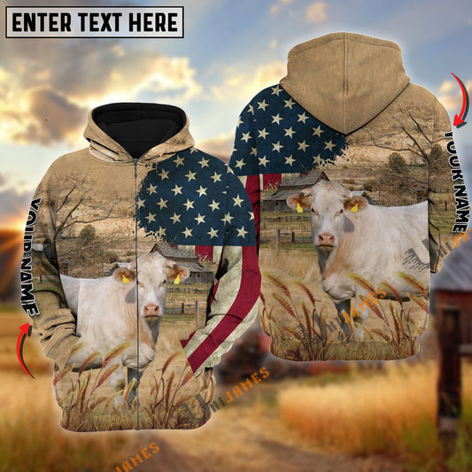 Uni Charolais US Flag Customized Name 3D Hoodie