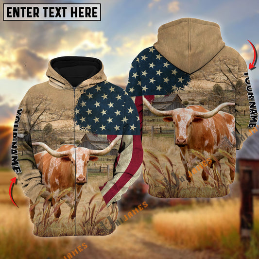 Uni Texas Longhorn US Flag Customized Name 3D Hoodie
