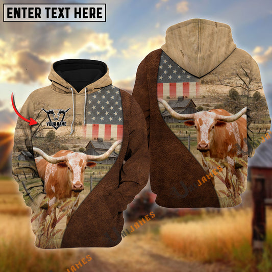 Uni Personalized Name Texas Longhorn Cattle USA Flag Hoodie