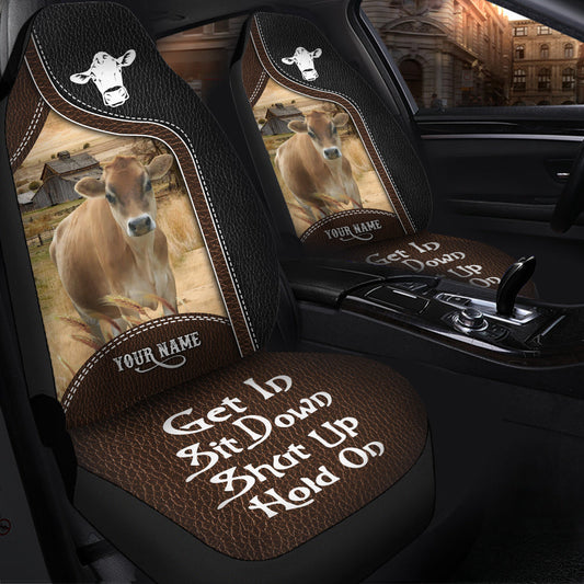 Uni Jersey Personalized Name Black And Brown Leather Pattern Car Seat Covers Universal Fit (2Pcs)