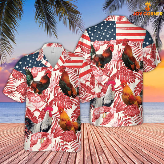 Unique Rooster Red Floral US Flag 3D Hawaiian Shirt