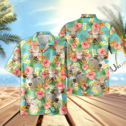 Uni Charolais Tropical Plants Leaves 3D Hawaiian Shirt