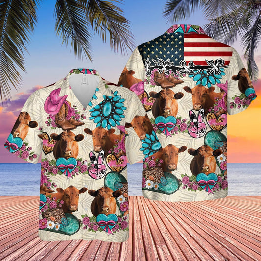 Unique Red Angus Happiness Flowers 3D Hawaiian Shirt