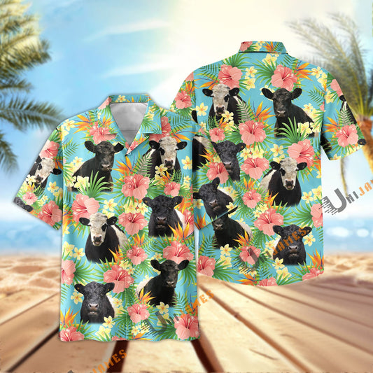Uni Belted Galloway Tropical Plants Leaves 3D Hawaiian Shirt