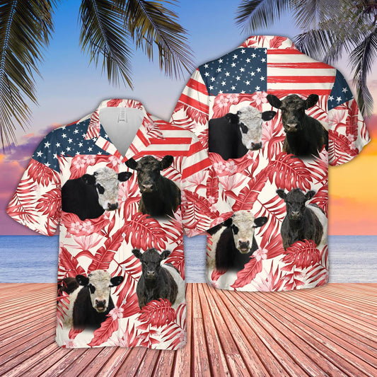 Unique Belted Galloway Red Floral US Flag 3D Hawaiian Shirt