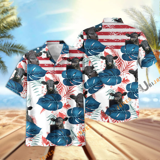 Uni Black Angus US Flag Flower Hawaiian Shirt