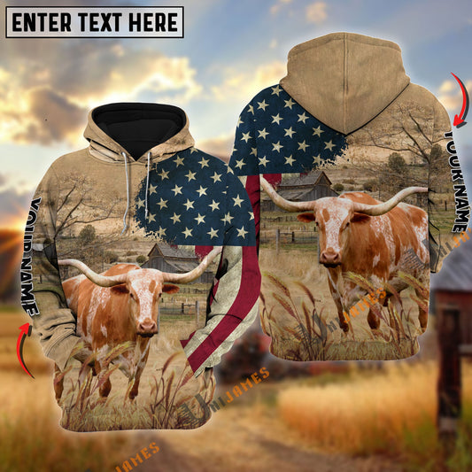 Uni Texas Longhorn US Flag Customized Name 3D Hoodie