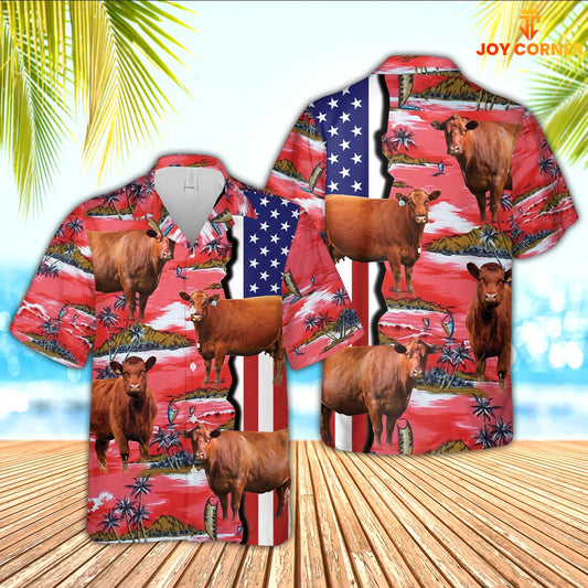 Unique Red Angus American Flag Farming 3D Hawaiian Shirt