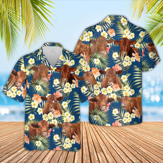 Unique Red Angus Summer Blue Floral 3D Hawaiian Shirt