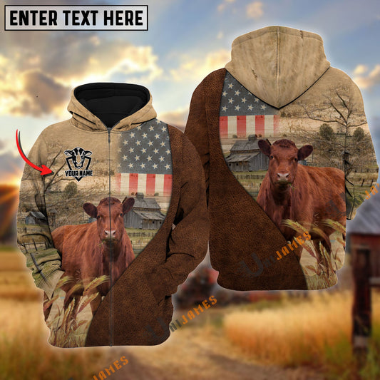 Uni Personalized Name Red Angus Cattle USA Flag Hoodie