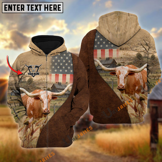 Uni Personalized Name Texas Longhorn Cattle USA Flag Hoodie