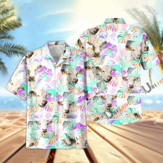Unique Charolais Purple Tropical Pattern Hawaiian Shirt