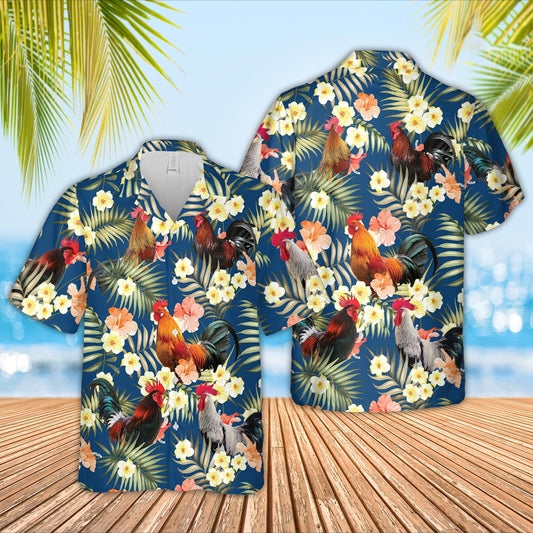 Unique Rooster Summer Blue Floral 3D Hawaiian Shirt