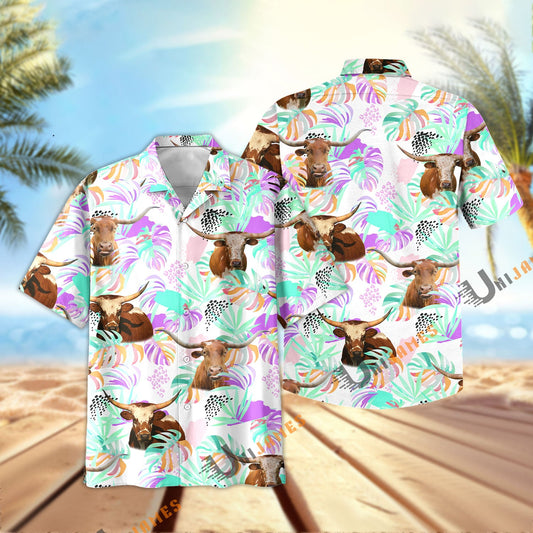 Unique Texas Longhorn Purple Tropical Pattern Hawaiian Shirt