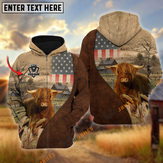 Uni Personalized Name Highland Cattle USA Flag Hoodie
