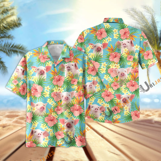 Uni Pig Tropical Plants Leaves 3D Hawaiian Shirt