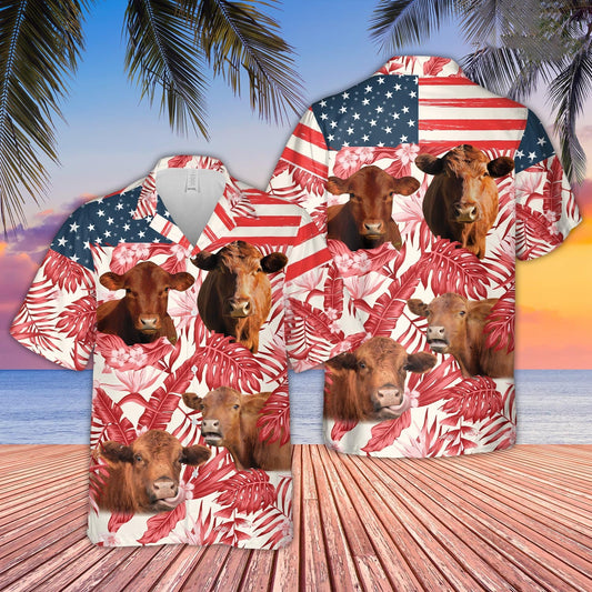 Unique Red Angus Red Floral US Flag 3D Hawaiian Shirt