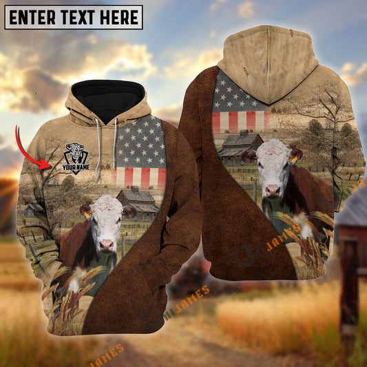 Uni Personalized Name Hereford Cattle USA Flag Hoodie