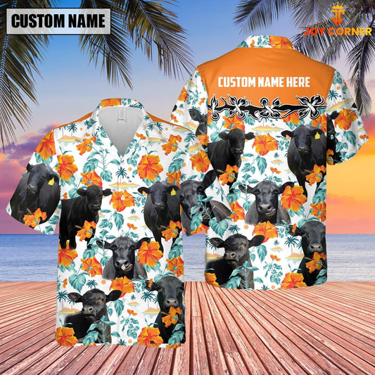Unique Black Angus Hibiscus Floral Custom Name 3D Hawaiian Shirt