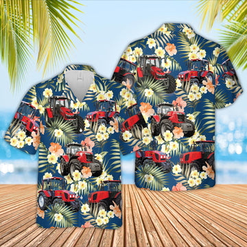 Unique Red Tractor Summer Blue Floral 3D Hawaiian Shirt