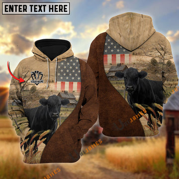 Uni Personalized Name Black Angus Cattle USA Flag Hoodie