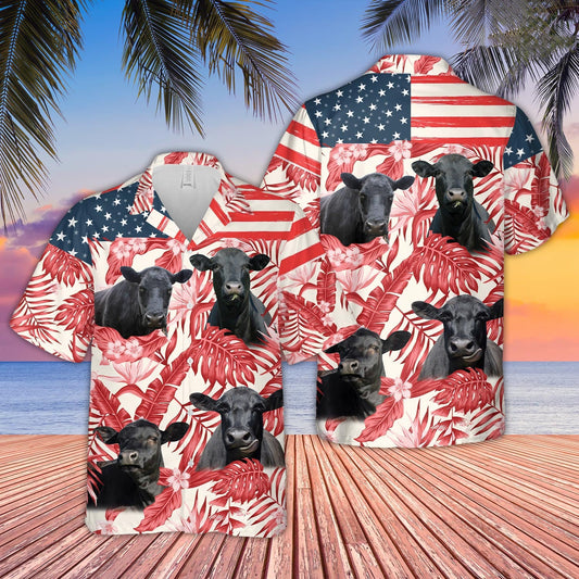 Unique Black Angus Red Floral US Flag 3D Hawaiian Shirt