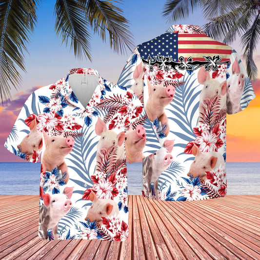 Unique Pig American Flag Flowers Hawaiian Shirt