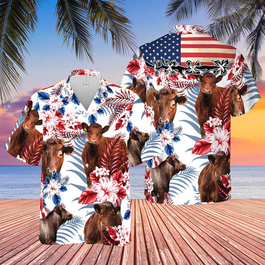 Unique Shorthorn Cattle American Flag Flowers Hawaiian Shirt