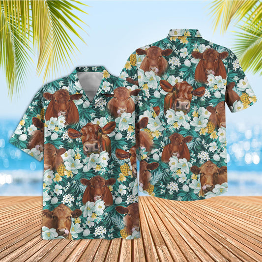 Unique Red Angus Floral Blue Summer 3D Hawaiian Shirt