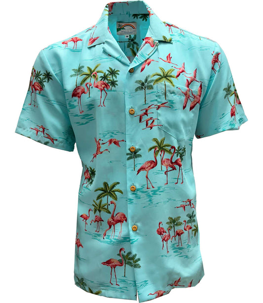 UniJames Fine Flamingos - Lagoon Short Sleeve Hawaiian Shirt