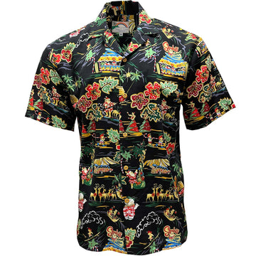 UniJames Santa's Surf Shack - Black Short Sleeve Hawaiian Shirt