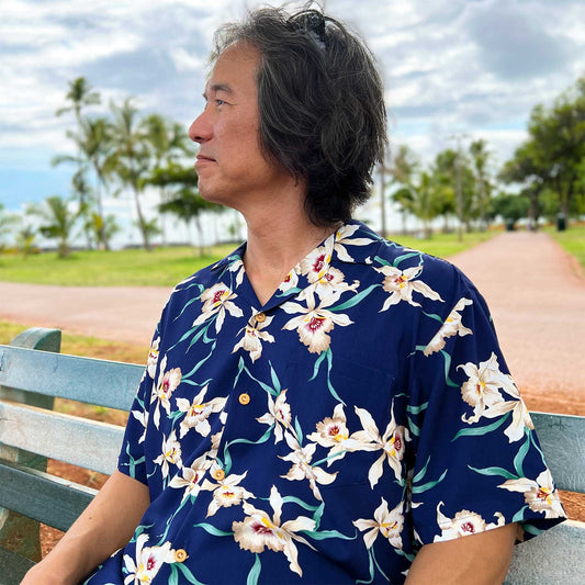 UniJames Star Orchid - Navy Short Sleeve Hawaiian Shirt