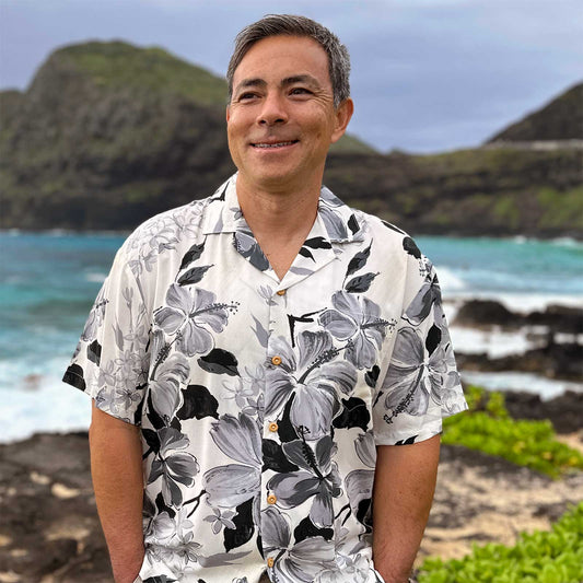 UniJames Watercolor Hibiscus - Gray Short Sleeve Hawaiian Shirt