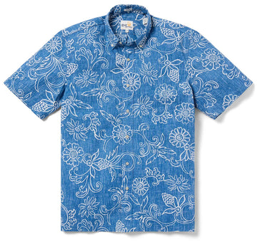 UniJames Hawaiian Gardenias - Horizon Blue Short Sleeve Hawaiian Shirt