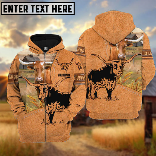 Uni Farm Personalized Name Texas Longhorn Light Brown Pattern 3D Hoodie