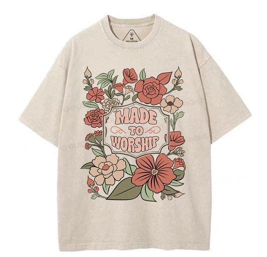 Made To Worship Retro Floral Christian Washed T-Shirt Sale - GuidingCross