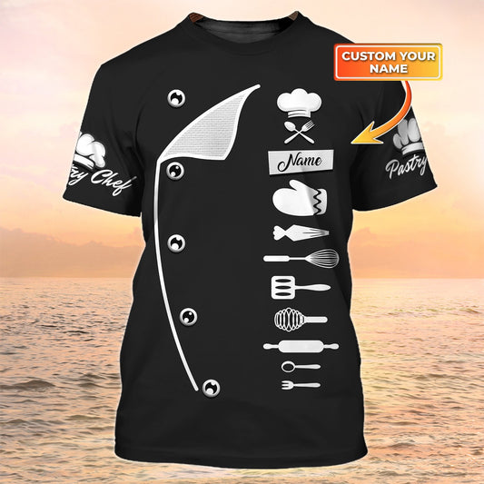Uni Personalized Name Black Pastry Chef Baking Tools Baking Pattern 3D Shirt [Non-Workwear]