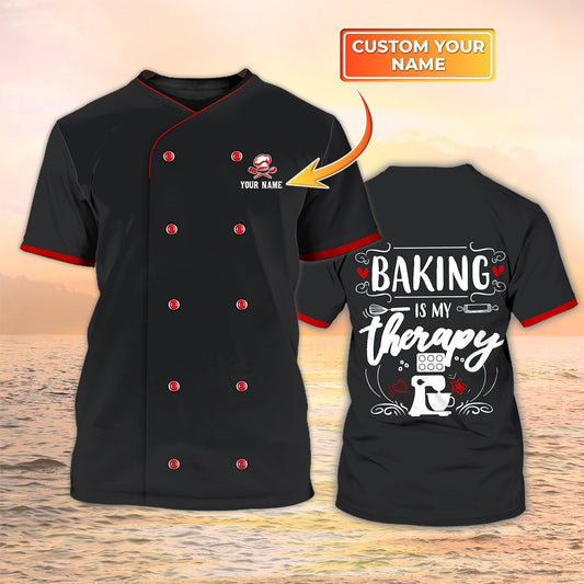 Uni Personalized Name Baking Is My Therapy Red Black Uniform Baking Pattern 3D Shirt [Non-Workwear]