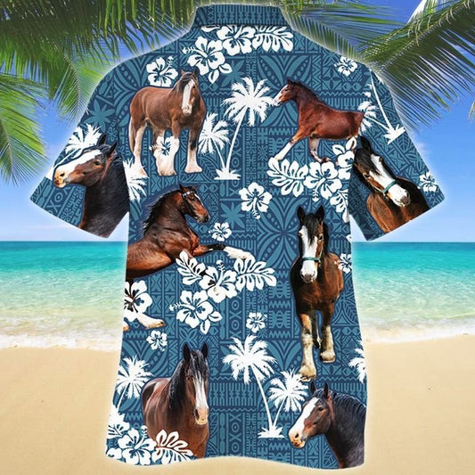 Unique Clydesdale Horse Blue Tribal Hawaiian Shirt