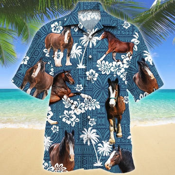 Unique Clydesdale Horse Blue Tribal Hawaiian Shirt