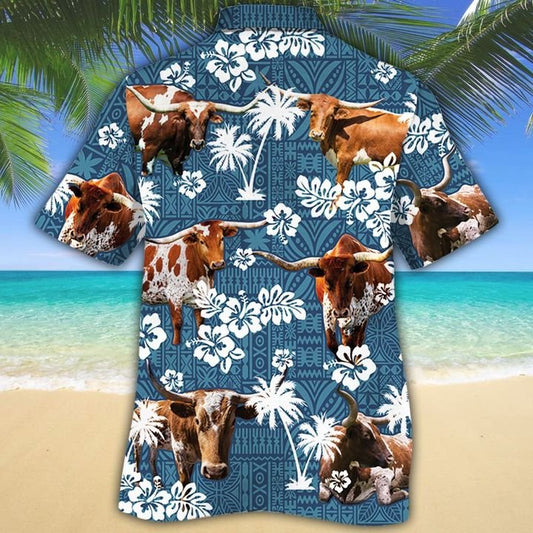 Unique Texas Longhorn Blue Tribal Hawaiian Shirt