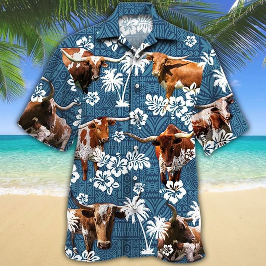 Unique Texas Longhorn Blue Tribal Hawaiian Shirt