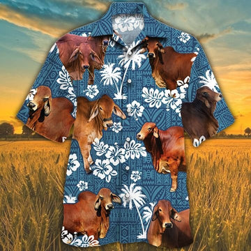 Unique Red Brahman Blue Tribal Hawaiian Shirt